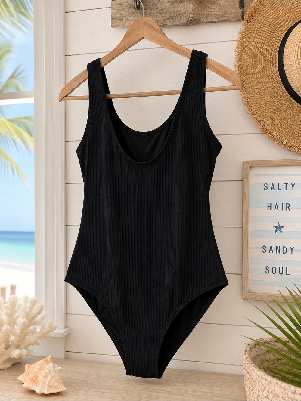 Catalina Black Ribbed One Piece Swimsuit Women’s Large (12-14), molded cups